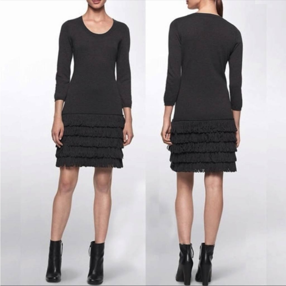 Calvin Klein Scoop Neck 3/4 Sleeve Fringe Sweater Dress Women's L Black
